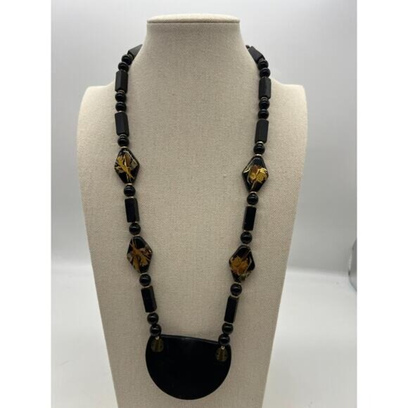 Vintage Black Wooden Lacquer Hand Painted Asian Dragon Abstract Japan Necklace - Picture 5 of 8